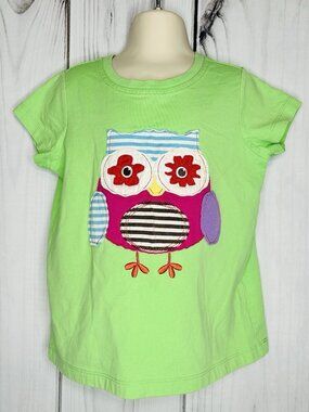 Hanna Andersson Girls 120 6-7 Short Sleeve T-Shirt Green Pullover Owl 3D
